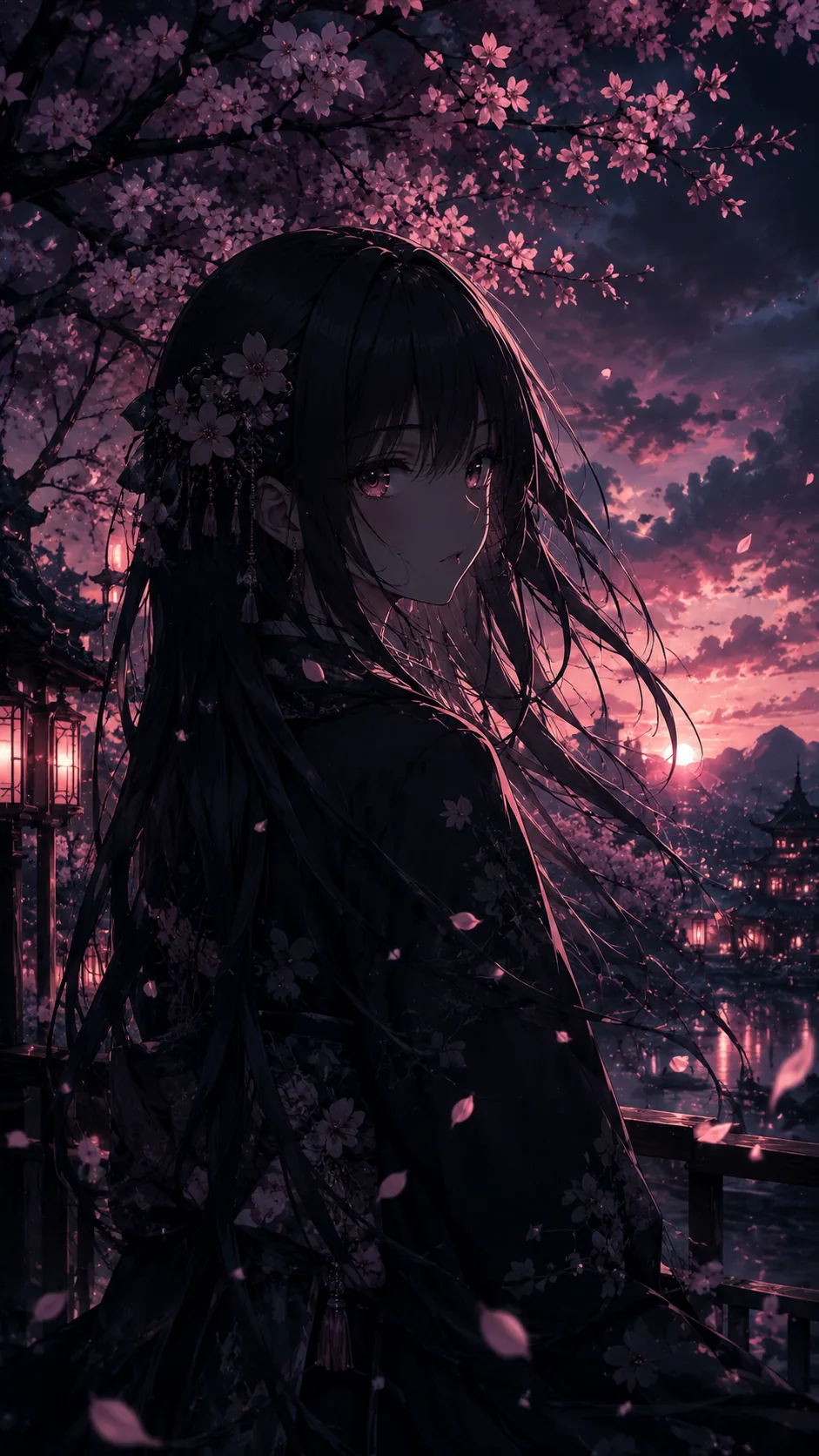 Dark Anime Girl Cherry Blossom Twilight